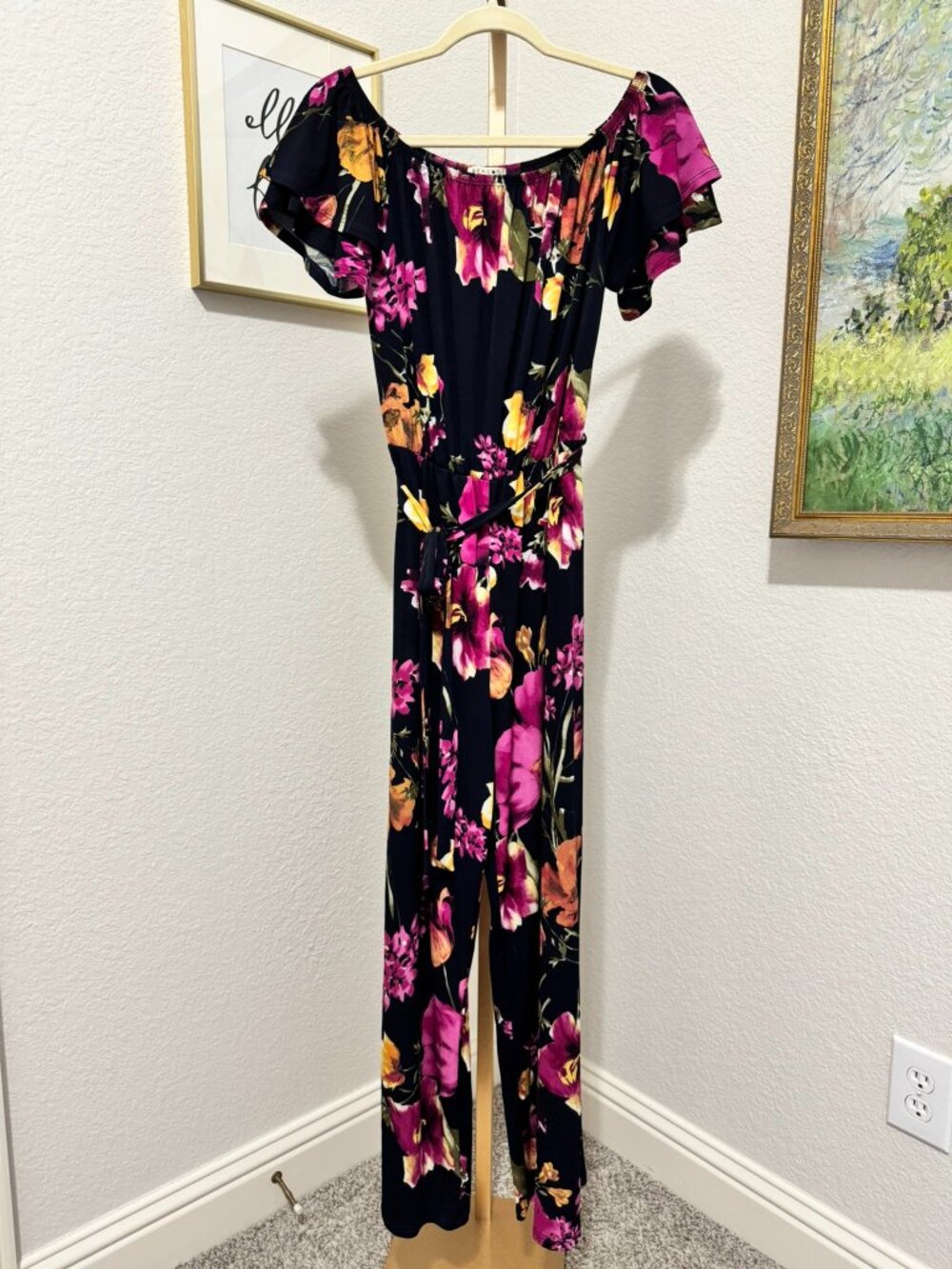 NWT Beacon Cecilia Floral Knit Jumpsuit 🌸 Navy Flutter Sleeve Size S